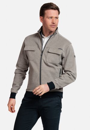 Grijze zip-up jas met twee borstzakken, ribgebreide manchetten en zoom. Lichtgewicht stof met een soepele textuur en subtiele ontwerpdetaillering.