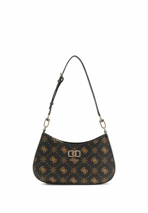 Sac d'épaule noir Guess avec motif monogramme marron, fermoir doré et sangle réglable.