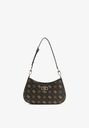 Sac d'épaule noir Guess avec motif monogramme marron, fermoir doré et sangle réglable.