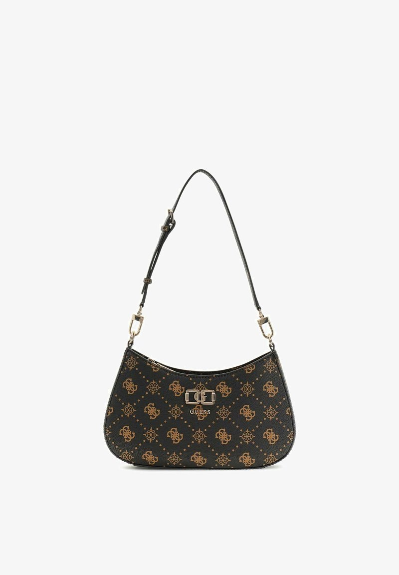Sac d'épaule noir Guess avec motif monogramme marron, fermoir doré et sangle réglable.