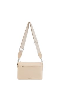 Beige Leder Umhängetasche mit strukturierter Oberfläche, Reißverschlussfach und verstellbarem, zweifarbigen Musterriemen. Kompakte rechteckige Form.