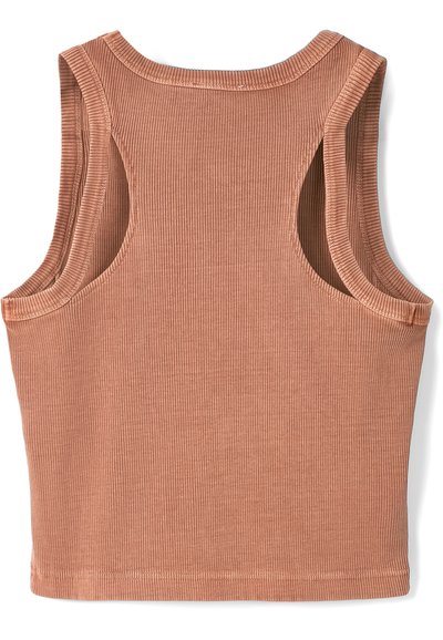Rostfarbener, gerippter Tanktop mit hohem Ausschnitt und breiten Armausschnitten. Weicher Stoff und figurbetontes Design, ideal zum Layering oder für den lässigen Look.