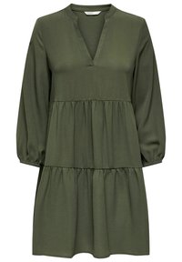 Olivengrünes Kleid aus leichtem Stoff, mit V-Ausschnitt, langen Ärmeln und einem gestuften Design mit drei Rüschenteilen.