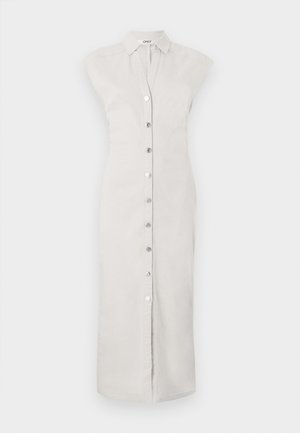Light gray, knee-length shirt dress made of fabric with a button front. Features a collar and sleeveless design. Smooth texture, minimalist style.