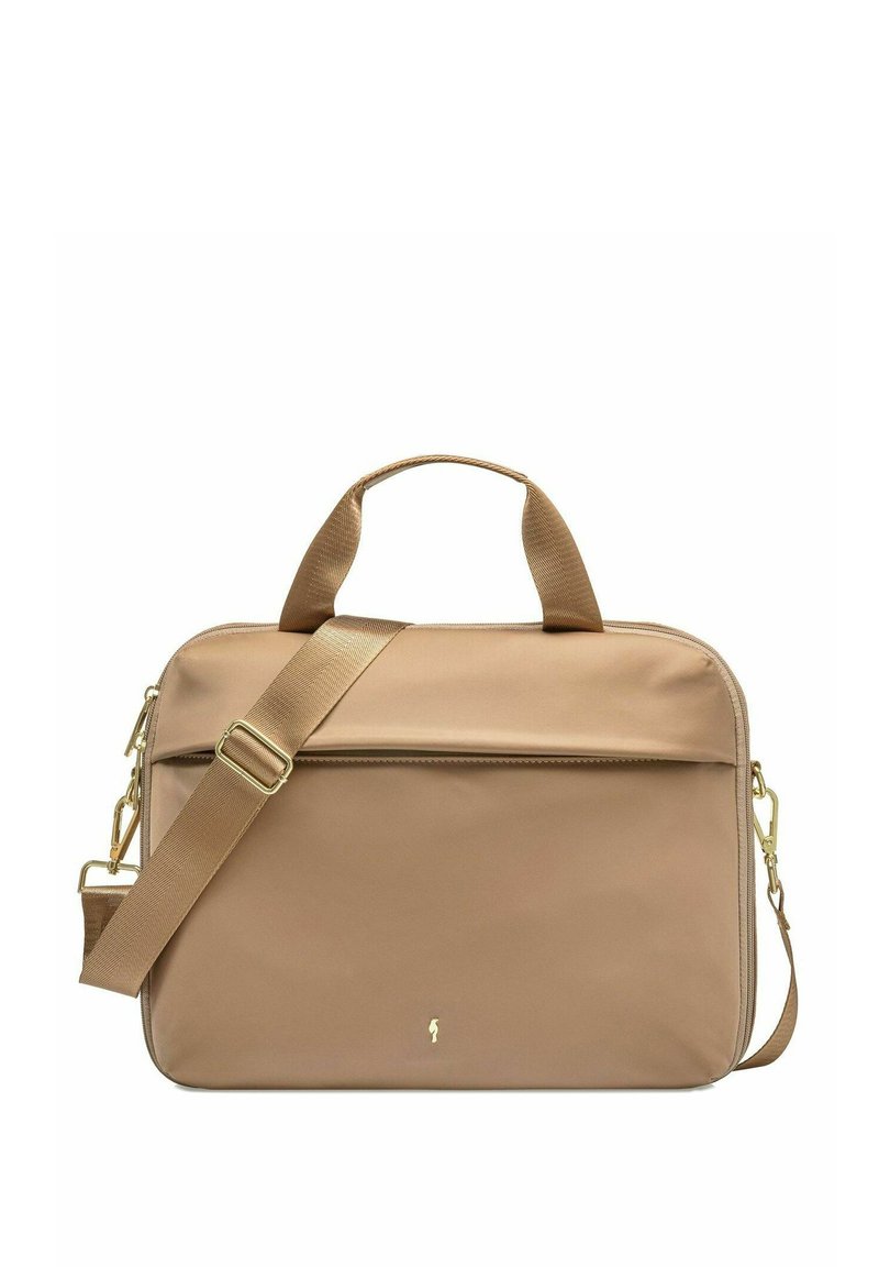 Beżowa torba na laptop z nylonu o gładkiej fakturze, z podwójnymi uchwytami u góry, regulowanym paskiem i złotymi akcentami. Główna komora zamykana na zamek.