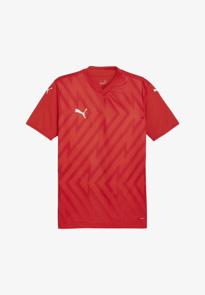 Maglia sportiva rossa della Puma con scollatura a V, maniche corte e un motivo geometrico in diverse tonalità di rosso. Accenti del logo Puma bianco sulle maniche.