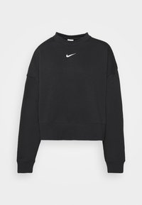 Black cropped sweatshirt made of cotton blend. Features a crew neck, long sleeves, and a white Nike logo on the chest. Smooth texture.