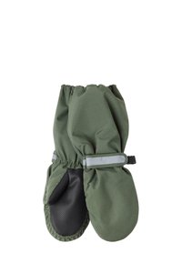 Guanti verdi con polsino regolabile e cinturino grigio. I palmi presentano un materiale nero texturizzato per una presa migliore.
