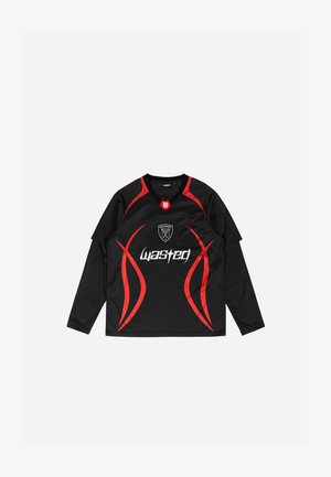 Jersey negru cu mânecă lungă și decolteu în V, cu accente roșii și modele curbe. Pe față se află logo-ul "wasted" afișat proeminent. Materialul este neted.