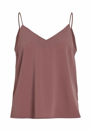 V-kaelusega top tolmust roosas, valmistatud siledast kangast, millel on õhukesed reguleeritavad rihmad ja lõdva istuvuse, ei ole lisamustreid ega riistvara.