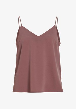 V-kaelusega top tolmust roosas, valmistatud siledast kangast, millel on õhukesed reguleeritavad rihmad ja lõdva istuvuse, ei ole lisamustreid ega riistvara.