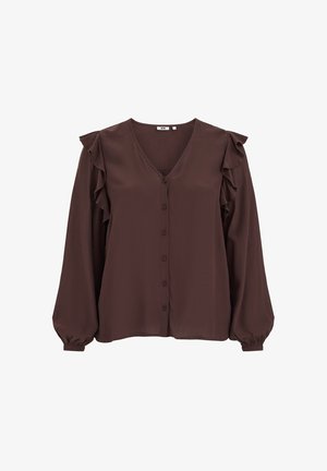 Braune Bluse mit langen Ärmeln, V-Ausschnitt, Knopfleiste vorne und Rüschendetails an den Schultern. Hergestellt aus glattem Stoff mit lockerem Sitz.