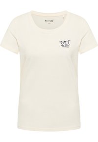 Camiseta de algodón color crema con mangas cortas, cuello redondo y texto y diseño bordado en azul marino que presenta "LES VACANCES."