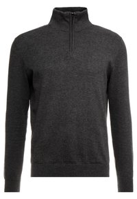 Dunkelgrauer Pullover mit einem Viertel-Reißverschluss-Kragen, langen Ärmeln sowie geripptem Saum und Bündchen, gefertigt aus einem weichen Strickmaterial.