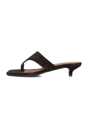 Black suede women's thong sandal with low kitten heel and square toe, side profile on white background.