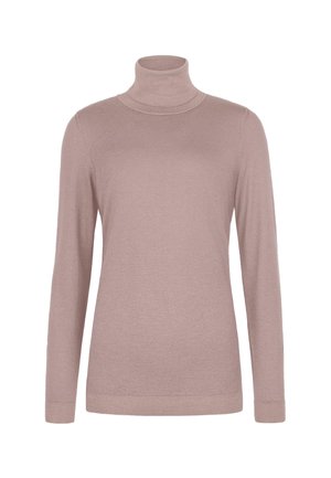 Ljusrosa turtlenecktröja med långa ärmar, tillverkad av mjukt tyg. Har en figursydd design och ribbad detalj vid kragen och ärmsluten.