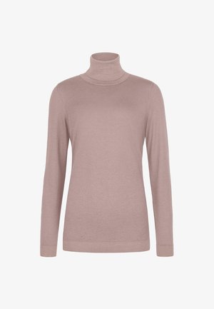 Hellrosa Rollkragenpullover mit langen Ärmeln, aus weichem Material gefertigt. Verfügt über ein figurnahes Design und gerippte Details am Kragen und an den Ärmelabschlüssen.