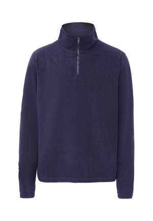 Pullover in pile blu navy con colletto alto e zip a un quarto. Texture morbida, maniche lunghe e design a vestibilità rilassata.
