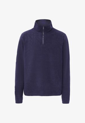 Mørkeblå fleecepullover med høj krave og lynlås til kvarte længde. Blødt materiale, lange ærmer og et afslappet design.