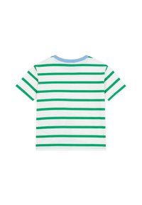 Βαμβακερό μπλουζάκι με οριζόντιες πράσινες και λευκές ρίγες, με ελαφρώς γαλάζιο λαιμόκοψη και κοντά μανίκια. Απαλή υφή.