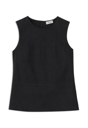 Blouse noire sans manches à encolure ronde et taille cintrée, présentée à plat sur un fond blanc.