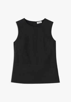 Blouse noire sans manches à encolure ronde et taille cintrée, présentée à plat sur un fond blanc.