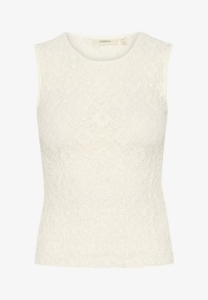 Ujjatlan felső fehér csipke anyagból, texturált virágmintával. Testhezálló fazon, kerek nyakkivágás, sima szegélyekkel.