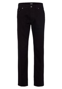 Jeans negros de pierna recta con bolsillos delanteros, ojales para cinturón, cierre de botón y etiqueta de marca visible en la parte interna de la cinturilla.