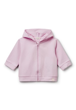 Felpa per toddler di colore rosa chiaro, con zip frontale completa, maniche lunghe e cappuccio attaccato, esposta su uno sfondo bianco.