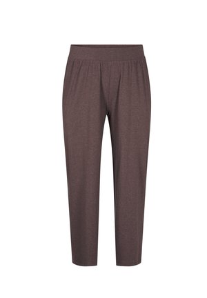 Brown capri pants with an elastic waistband, made of soft textile material, featuring a smooth texture and no visible patterns or accents.