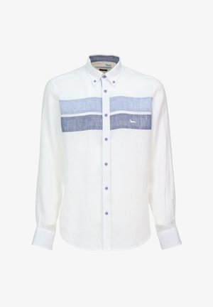 Camicia bianca a maniche lunghe con righe orizzontali blu, dotata di colletto con bottoni, bottoni frontali e un piccolo logo a forma di cane sul petto.