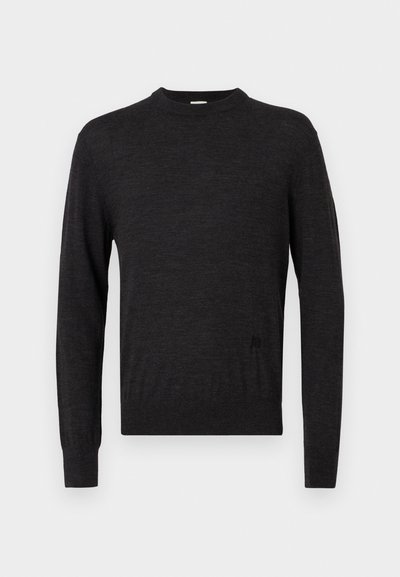 Pull noir à manches longues avec col rond, en matériau lisse, présentant un logo subtil sur le côté et une silhouette ajustée.