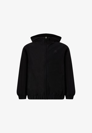 Sudadera negra con cremallera, puños y dobladillo elásticos, dos bolsillos delanteros y un logo sutil en el pecho izquierdo.