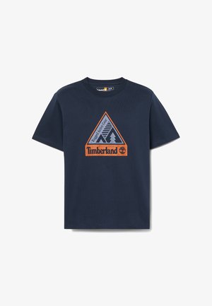 Navy blue cotton T-shirt with short sleeves, featuring a triangular graphic in orange and gray with "Timberland" text and tree design.