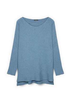 Maglione azzurro chiaro a maniche lunghe con motivo a coste testurizzato, collo ampio e orlo posteriore leggermente allungato per una vestibilità comoda.