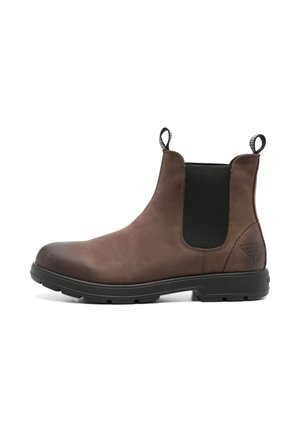 Stivaletto Chelsea in pelle marrone con pannelli laterali elastici neri, linguette di tiraggio sulla parte superiore e suola spessa in gomma nera.