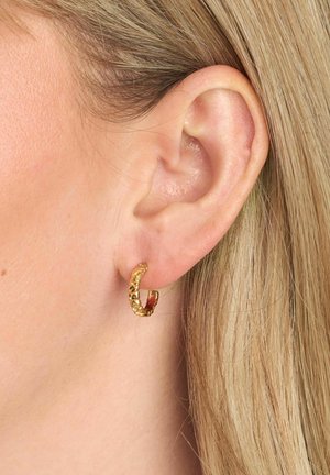 Goldener Creolen-Ohrring mit einer strukturierten Oberfläche und glänzendem Finish, teilweise am Ohr sichtbar, wodurch seine runde Form und das Metallmaterial betont werden.