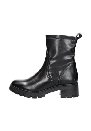 Bottine en cuir noir avec une finition lisse, bout rond, tige élastiquée et semelle en caoutchouc épaisse pour une meilleure adhérence. Comprend une languette de traction.