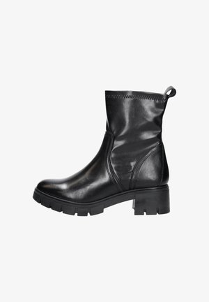 Black leather ankle boot with a smooth finish, round toe, elasticized shaft, and chunky rubber sole for traction. Includes a pull tab.