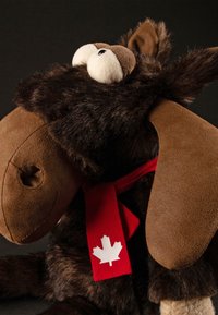 Brown plush moose with a textured body, white eyes, and a red scarf featuring a white maple leaf design.