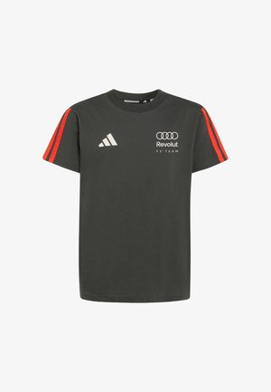 Maglietta in cotone grigio scuro con righe rosse sulle maniche, dettagli del logo bianchi e design classico con collo rotondo. Vestibilità casual.