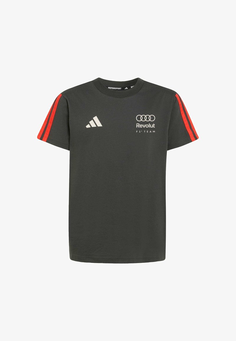 Tmavě šedé bavlněné tričko s červenými pruhy na rukávech, bílými logy a klasickým kulatým výstřihem. Ležérní střih.