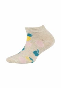 Calzino alla caviglia di un leggero beige, caratterizzato da motivi di ananas e pois in aqua e rosa/giallo pastello. Tessuto morbido e lavorato a maglia.