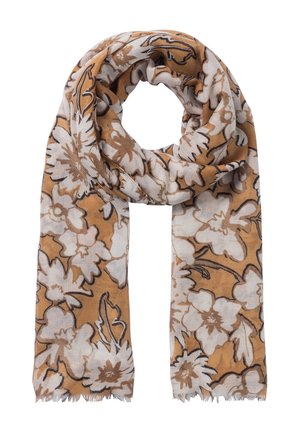 Écharpe marron clair avec motifs floraux blancs et contours sombres subtils, tissu à texture douce, bouclée librement avec des extrémités à franges.
