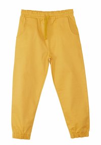 Geel joggerpants van zacht materiaal, met een elastische tailleband met een trekkoord, twee zijzakken en taps toelopende boorden.