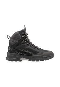 Czarne buty trekkingowe o wysokiej cholewce, teksturowana tkanina i solidna gumowa podeszwa. Cechy obejmują metalowe oczka i detale z logo.
