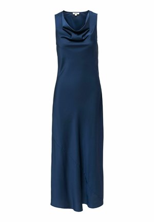 Ujjatlan tengerészkék szatén ruha, csőszerű nyakkivágással és midi hosszúsággal, finom átlós varrásmintával a szoknyán.
