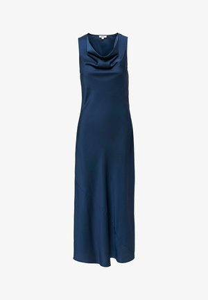 Ujjatlan tengerészkék szatén ruha, csőszerű nyakkivágással és midi hosszúsággal, finom átlós varrásmintával a szoknyán.