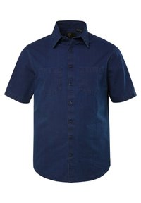 Camicetta a maniche corte in denim blu scuro, con due tasche sul petto, colletto a punta e orlo rotondo. Tessuto testurizzato con una leggera lucentezza.
