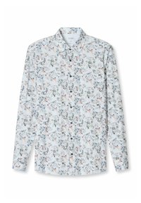 Weißes Langarmhemd mit einem floralen Muster in Blau, Rosa und Grün. Es hat eine Knopfleiste und ein klassisches Kragendesign.